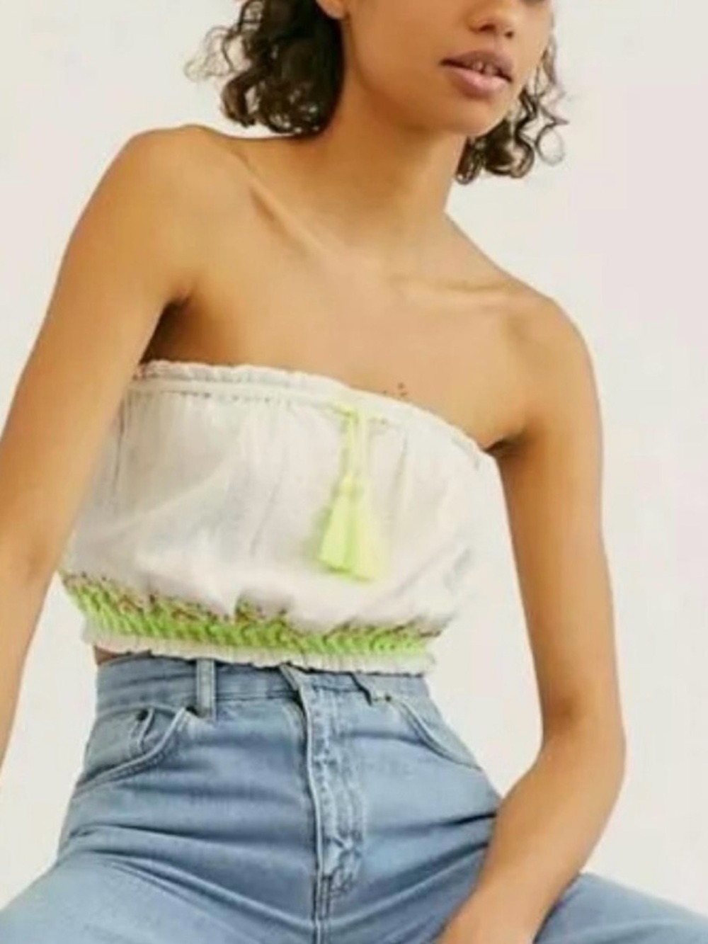 Free people White Smocked Tube Top with Neon Green Tassel Accent